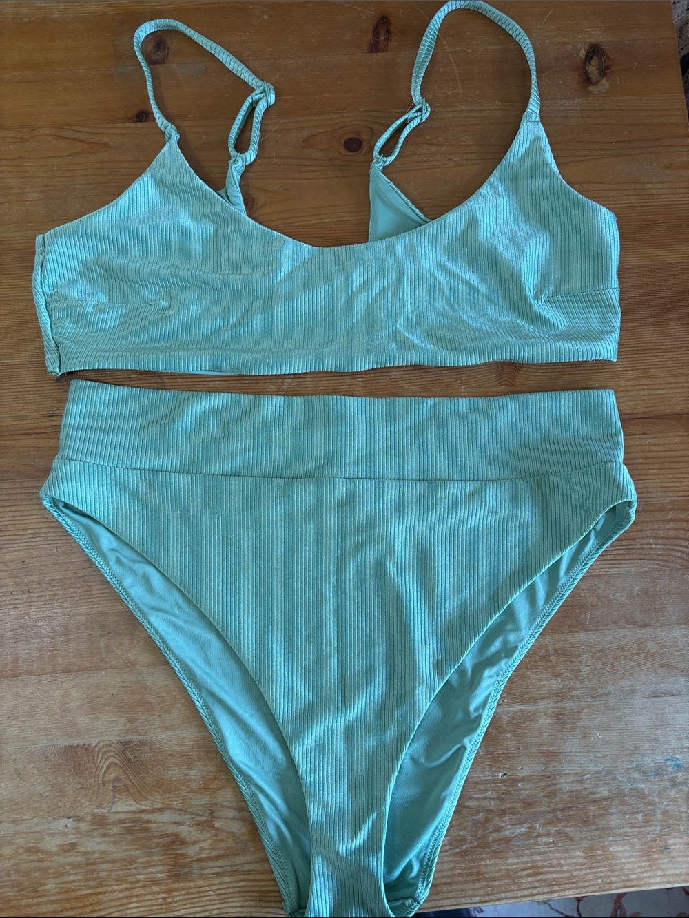 Aerie Ribbed Mint Green Two-Piece Bikini Scoop Top + High Cut Cheeky Bottom XXL